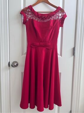 Red Swing Dress with Bow Detail and Delicate Shoulder Lattice Work